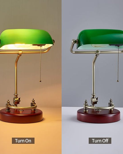 Bankers Lamp, Traditional Green Desk Lamp with Solid Birch Wood Base, Green Glass Antique Library Lamp with Pull Chain Switch, Plug in Vintage Bankers Desk Lamp for Office, Study Room 【E26 Socket】