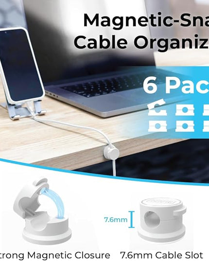 BLACK+DECKER Magnetic Cord Organizer Holder, 6 Pack Magnetic Cable Clips, Under Desk Cable Management, Strong Adhesive Cord Holder for Nightstand Kitchen Appliances Car Wall Office (White)