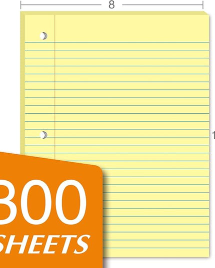 KAISA Loose Leaf Notebook Paper, Wide Ruled, 300 Sheets Per Lined Paper, 8" x 10.5", 3 Hole Punched for 3 Ring Binder, Canary, Made In USA