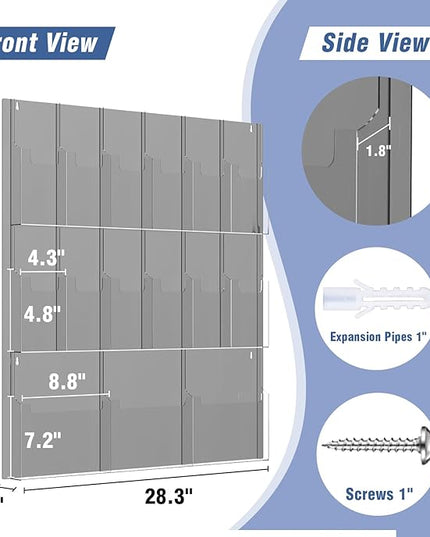 Acrylic Brochure Pamphlet Holder, 3 Magazine Holders and 12 Pamphlet Holders, Wall Mount Display Rack, Trifold Flyer Holder, Literature Organizer for Home, Office, Dual-Tone Clear Front & Black Back