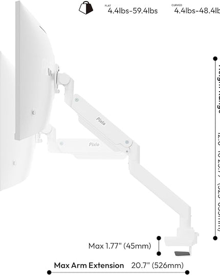 Pixio PS2S Titan White Ultrawide Mega Heavy-Duty Premium Single Monitor Arm Stand fits up to 57 inch Monitors Holds up to 59.4lbs VESA Compatible Integrated Cable Management