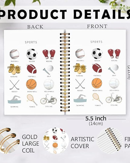 dvhdajed Sports Kids Spiral Notebook, Gifts for Sports Lovers Fans Journaling Notebooks, Exercise Activities Spiral Journal for Kids Boys, Athlete Office School Supplies Gifts, 5.5x8.3 In