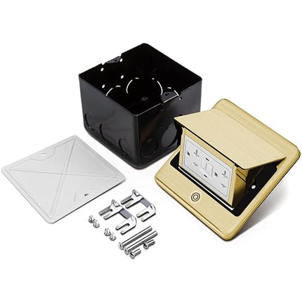 Vagueior Recessed Floor Electrical Outlet Kit,Waterproof Electrical Outlet Covcer Box,Hidden GFCI Outlet+20A Tamper-Resistant Receptacle Outlet with Slow Elastic Damping，ETL Certified，Brass