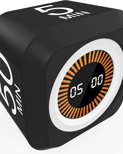 Rotating Cube Visual Pomodoro Timer 5, 25, 10 50 Minutes Preset + Custom Countdown, Rechargeable Desk Productivity Flip Timer with Detachable Silicone Cover for ADHD Study Work Kitchen School (Black)