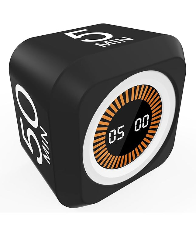Rotating Cube Visual Pomodoro Timer 5, 25, 10 50 Minutes Preset + Custom Countdown, Rechargeable Desk Productivity Flip Timer with Detachable Silicone Cover for ADHD Study Work Kitchen School (Black)