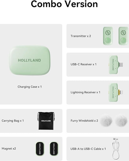 Hollyland Lark A1 Wireless Mini Microphone for iPhone & Android, 48kHz/24-bit, 3-Level Intelligent Noise Cancel, Microphone for YouTube, Podcast, Vlogging (Green, 2TX + 2RX + Charging Case)