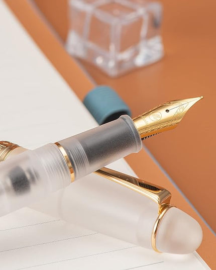 Asvine V126 Vacuum Filling Fountain Pen Gold Plated Fine Point, Frosted Transparent Clear Acrylic Pen Gift Case