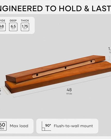 Homeforia 48 inch Oak Floating Shelf, High End Solid Real Wood 48inch Floating Shelves for Wall Mounted, Honey Oak Wooden 48in Large Floating Shelves, Heavy Duty Bracket, 48 X 6.5 X 1.75 in, Set of 2