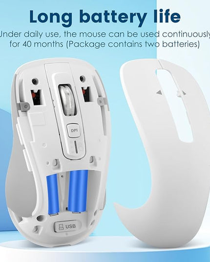 Wireless Bluetooth Mouse (USB + BT1 + BT2), Full Size, 4-Way Scrolling, Multi-Device Silent Mouse for Computer, Laptop, iPad, MacBook (White)