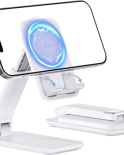 iWALK Magnetic Cell Phone Stand for Desk, Angle and Height Adjustable Mobile Phone Holder, Foldable Magnet Stand for iPhone 17 16 15 14 13 12 Pro Max and iPad, Cell Phone Holder for Samsung, White