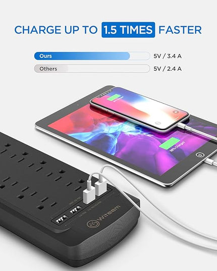 Surge Protector Power Strip - 12 Outlets, 4 USB 3.4A Ports, 6Ft Extension Cord, 1875W/15A, 4360Joules, Wall Mountable, Overload Protection - Ideal for Home & Office Use (Black-3.4A)