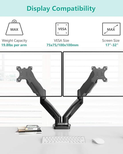 WALI Dual Monitor Stand for 17-32 inch Screens, Dual Monitor Arms for 2 Monitors Holds up to 19.8 lbs, Adjustable Gas Spring Dual Monitors Mount, VESA 75x75/100x100mm (GSMP002), Black