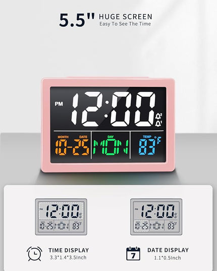 Digital Alarm Clock, with 5.5" Large LED Time Display, Adjustable Alarm Volume, 6 Level Brightness, Alarm Settings, USB Charger, Temperature Detect, Snooze, Clocks for Bedroom, Bedside, Desk, Pink