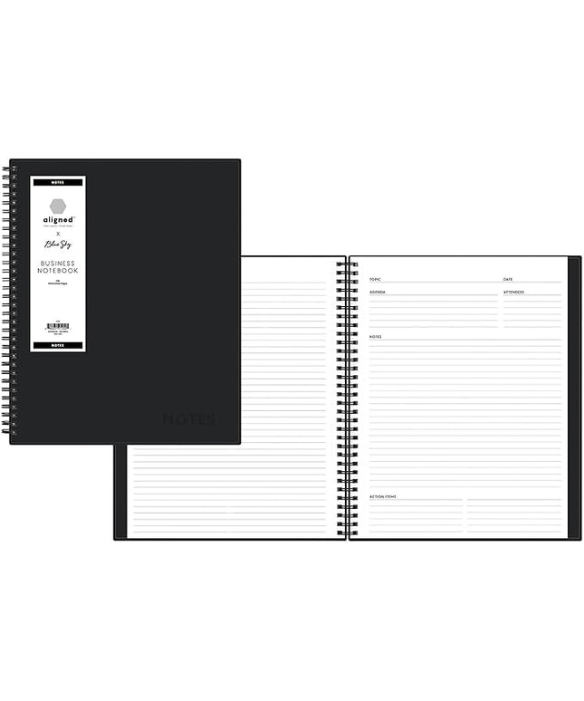 Blue Sky Aligned Notes Professional Business Notebook, Flexible Cover, Twin-Wire Binding, Perforated Pages, 8.5" x 11", Black