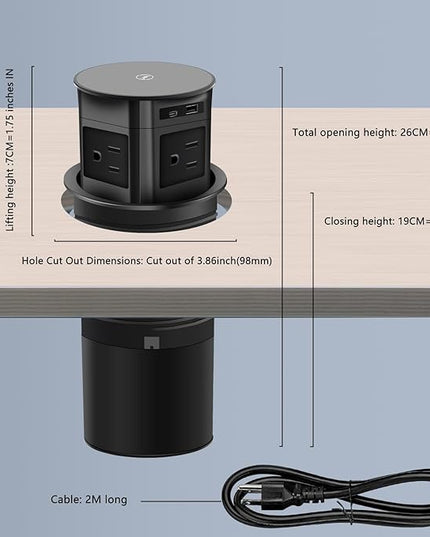 Pop Up Outlet; 15W Wireless Charger, 4 Outlets 1875W USB-A/C PD20W Super Charging 6.5FT 16AWG Cable 3.86 inch Desk Hole Pop Up Power Outlet for Kitchen Countertop,Office Table (Black)