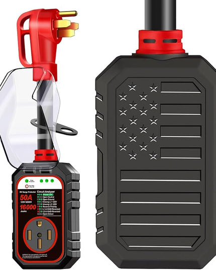 RV Surge Protector 50 Amp Flag Design - Upgraded 16000J Power Surges Voltage Protection Circuit Analyzer IP68 Waterproof Cover for 50A RVS Camper Trailer Must Haves (50Amp, Red)