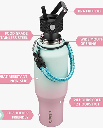 BJPKPK Insulated Water Bottles with Straw Lid, 35oz Metal Water Bottle with 2 lids & Paracord Strap, Double Wall Stainless Steel Vacuum Tumblers, Cups, Mugs, Thermo for Hot& Cold Drinks, Marshmallow