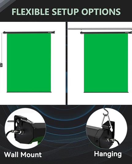 RAUBAY Motorized Pull Down Green Screen - 59.8" x 86.6" Collapsible Wall-Mount Background for Professional Video Production, Chroma Key Backdrop for YouTube, TikTok, Streaming, Video Conferencing