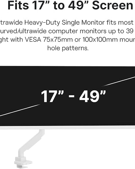 Pixio PS2S White Ultrawide Heavy-Duty Premium Single Monitor Arm Stand Desk Mount - Fits up to 49 inches Monitors, Weights up to 39lbs Flat / 31lbs Curved, Compatible with VESA 75x75 100x100mm