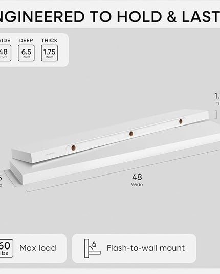 Homeforia White Floating Shelf 48 inches, High End Solid Real Wood 48inch Long Floating Shelves for Wall Mounted, White Wooden 48in Floating Shelves, Heavy Duty Bracket, 48 X 6.5 X 1.75 inch, Set of 2