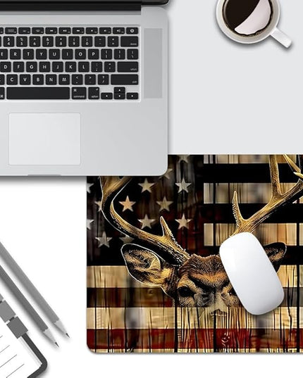 Wood Grain American Flag Hunting Deer Square Mouse pad, Texture, Waterproof, Anti Slip Rubber Base, Computer Mouse pad, Laptop Mouse pad