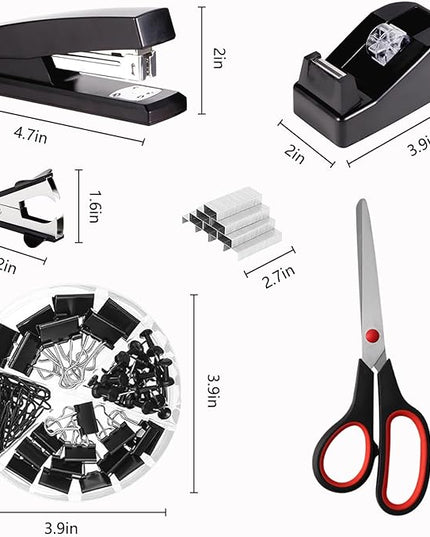 Office Supplies,Desk Accessories,with Stapler,Tape Dispenser,Staple Remover,Scissor,Ballpoint Pen,Sticky Notes,Clear Tape,Staples,Desk Organizer,Phone Stand,Binder,Index Tabs,Best Gift Set(Black)