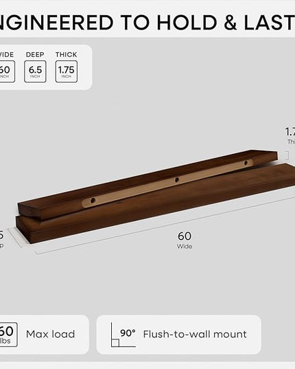 Homeforia Walnut 60 inch Floating Shelf, High End Solid Real Wood 60inch Long Floating Shelf for Wall, Dark Brown Wooden 60in Large Floating Shelves, Heavy Duty Bracket, 60 X 6.5 X 1.75 inch, Set of 2