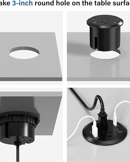 Jgstkcity Power Strip,Flush Mount Recessed Power Grommet,65W USB C Fast Charging,3-Inch Hole, 4 Outlets & 4 Ports, Ideal for Desktop & Countertop Outlet,Dual-Sided (Black, 10FT)