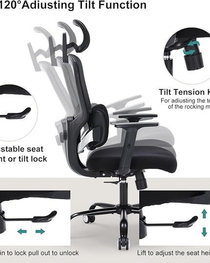 Office Chair Ergonomic Desk Chairs with Adjustable Lumbar Support & Headrest, Mesh High Back Home Office Desk Chairs with Adjustable Height Armrests, Comfy Swivel Task Computer Chair