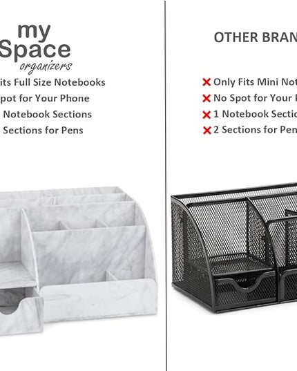 My Space Organizers Marble Desk Organizer For Office Supplies And Accessories - 9 Sections - Pencil Pen Holder Storage - Desktop Organization Decor Essentials (White Grey Marble)