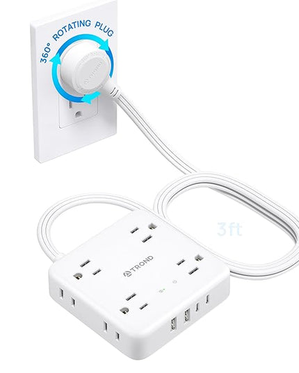 TROND 360° Rotating Plug Power Strip, 3FT Flat Extension Cord with Multiple Outlets 4 USB (2 USB C), Wall Mount Surge Protector 1440 Joules for Home Office Travel Dorm Room Essentials, White