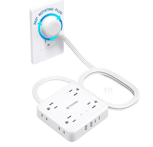 TROND 360° Rotating Plug Power Strip, 3FT Flat Extension Cord with Multiple Outlets 4 USB (2 USB C), Wall Mount Surge Protector 1440 Joules for Home Office Travel Dorm Room Essentials, White