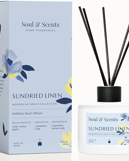 Soul & Scents Reed Diffuser Set – Sundried Linen | 7.43 oz Refillable Scented Oil with 6 Fiber Sticks | Long-Lasting Home Fragrance & Air Freshener for Bedroom, Bathroom, Office | Gift & Décor Piece