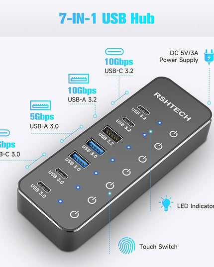 RSHTECH 7-Port Powered USB 3.2/USB-C Hub Splitter with 3 x 10Gbps USB-3.2 Ports (2C + 1A),4 USB-3.0 Ports (2C + 2A), 3.3ft Cable, Touch Switches, and 5V Power Adapter for Laptop PC