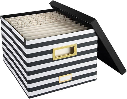 BLU MONACO | Decorative Hanging File Box with Lid | File Bins with Lids for Desk Storage | Desktop Hanging File Organizer for Legal Letter Folders Black White