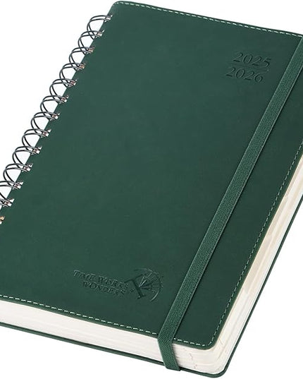 POPRUN Daily Planner 2025-2026 One Page per Day (6'' x 8.5'') with Spiral Bound Leather Soft Cover, Academic Year Appointment Book (Jul.2025 - Jun.2026) with Hourly Slots, Inner Pocket- Forest Green