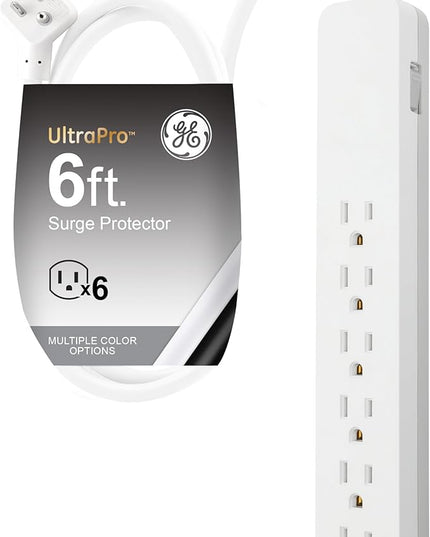 GE 6-Outlet Surge Protector, 6 Ft Extension Cord, 540 Joules, Power Strip, Flat Plug, Integrated Circuit Breaker, Wall Mount, ETL Listed, White, 83048