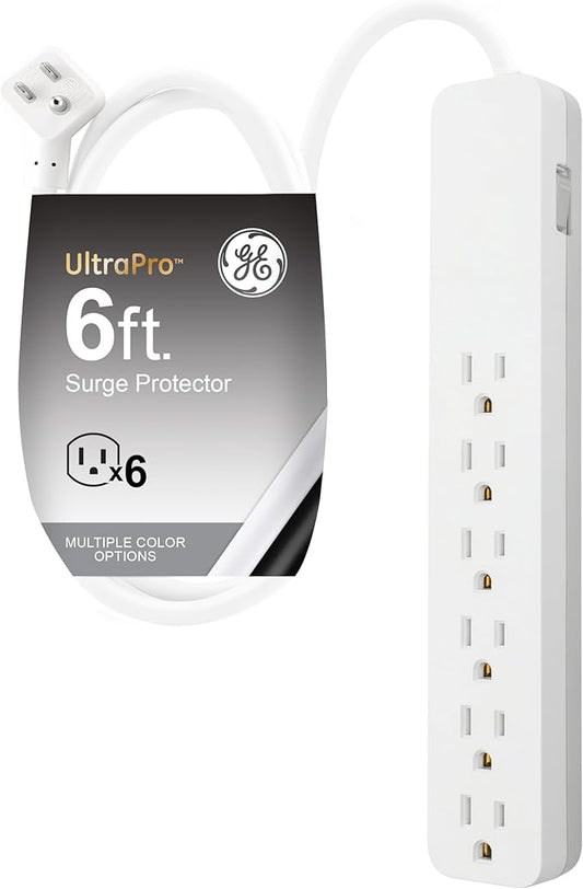 GE 6-Outlet Surge Protector, 6 Ft Extension Cord, 540 Joules, Power Strip, Flat Plug, Integrated Circuit Breaker, Wall Mount, ETL Listed, White, 83048