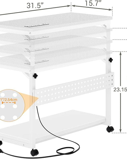 32" Large Computer Tower Stand with Power Strips, 4 Levels Manual Height Adjustable PC Tower Stand for Under Desk, Mobile Rolling CPU Holder Computer Cart with Wheels, Carbon Fiber White