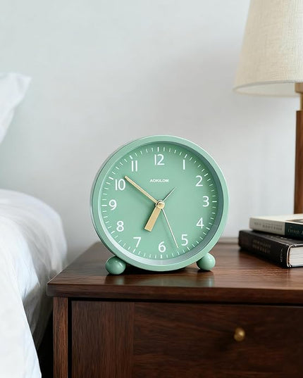 AOKILOM Analog Alarm Clock, Non-Ticking Silent Travel Small Clock, Battery Operated with On-Demand Light, Easy Set Gentle Wake, Ideal Decor for Bedroom, Bedside, Desk,Office (Mint Green)