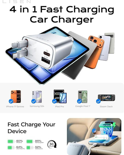 LISEN White Retractable Car Charger, for Gifts for Him Her, for iPhone 17, Cute 4 in 1 Retractable USB C Car Charger for Women, 75W Fast Charging Car Accessories for iPhone & Samsung S26 & Android