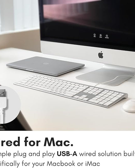 Macally Ultra Slim USB Wired Computer Keyboard - Compatible Apple Keyboard or Windows - Full Size with 20 Mac Keyboard Keys -with Numeric Keypad - Silver Aluminum Finish