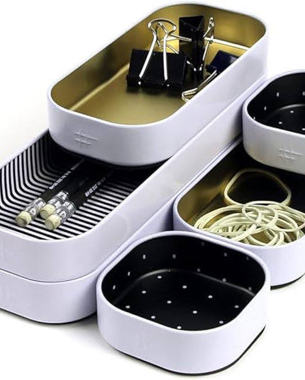 Three by Three Seattle 6 Piece Shallow Metal Organizer Tray Set for Storing Makeup, Stationery, Utensils, and More in Office Desk, Kitchen and Bathroom Drawers (1 Inch, Gold Dots and Stripes)