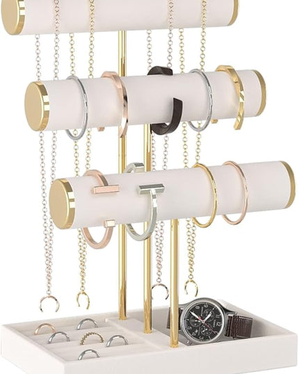 3-Tier Jewelry Bracelet Organizer Holder,Dresser Velvet Necklace Display Stand for Women,Jewelry Storage Rack for Bracelet,Necklace,Ring,Watch,Earring,Perfect Bedroom Accessory (Beige)