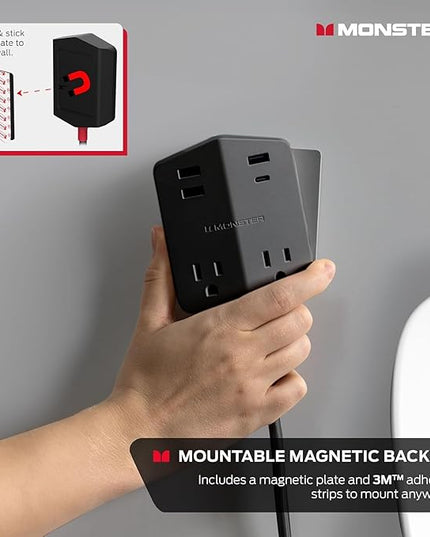 Monster Power Shield: Magnetic Wall Outlet Extender, Multiple Plug Outlet with 2 AC Outlets, 3 USB-A Ports, & 1 USB-C Port (20W)