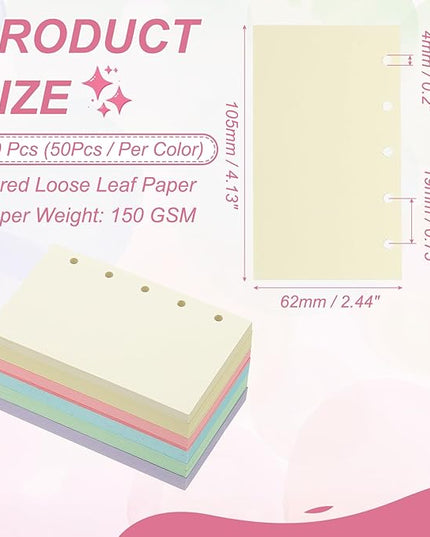 PATIKIL Colored Loose Leaf Paper, 4.1" x 2.5"(A8) 300 Sheets 5 Holes Punched 150GSM Blank Binder Refill Paper Supplies for Office Note Taking Teacher Planner Journal Notebook, 6 Colors
