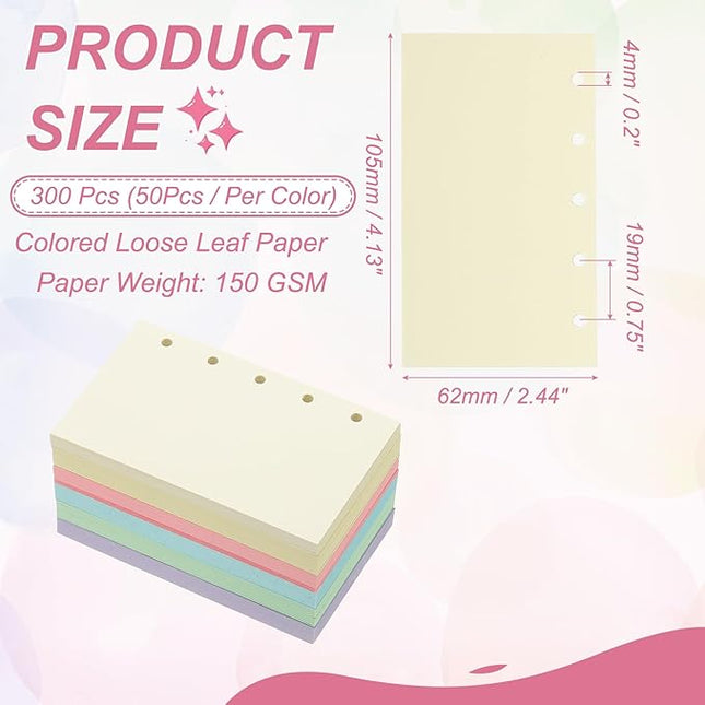 PATIKIL Colored Loose Leaf Paper, 4.1" x 2.5"(A8) 300 Sheets 5 Holes Punched 150GSM Blank Binder Refill Paper Supplies for Office Note Taking Teacher Planner Journal Notebook, 6 Colors