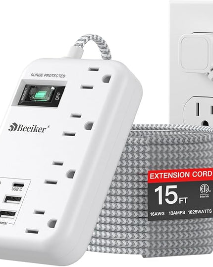 6 USB(2 USB C) Surge Protector Power Strip- 15 Ft Extension Cord with 6 USB Charging Station and 4 Outlets, Flat Plug Long Braided Extension Cord with Multiple Outlets Wall Mount for Home Office Dorm