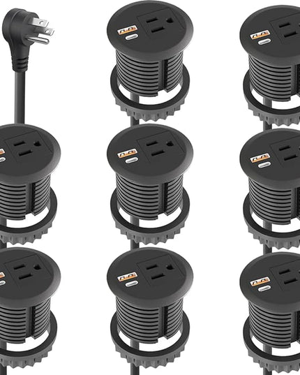 8pcs Desktop Power Grommet,2-inch Hole,20W USB C Fast Charging,2-USB Port,Flush Mount,Flat Plug,6.4 ft Cord,Black