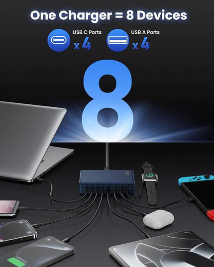 200W USB C Charger Block,GaN IV Charging Station 8 Ports,QC4.0 Fast Charging Station Hub+PD 65W USB C Laptop Charger Adapter Compatible with MacBook Air/Pro,DELL,iPhone 17/16,iPad,Steam Deck-Deep Blue